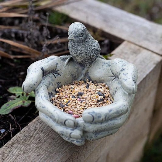 Bird Feeder Stone Effect Bath Garden Decor Hands Ornament Feeding Station Water