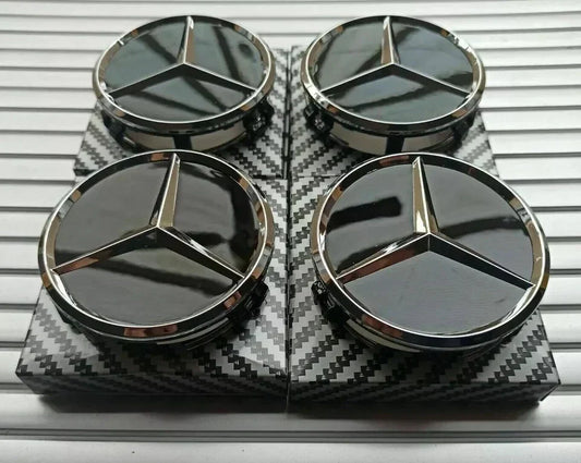 4 x Black Mercedes Benz 75mm Alloy Wheel Centre Caps AMG A B C E S M Class Hub.