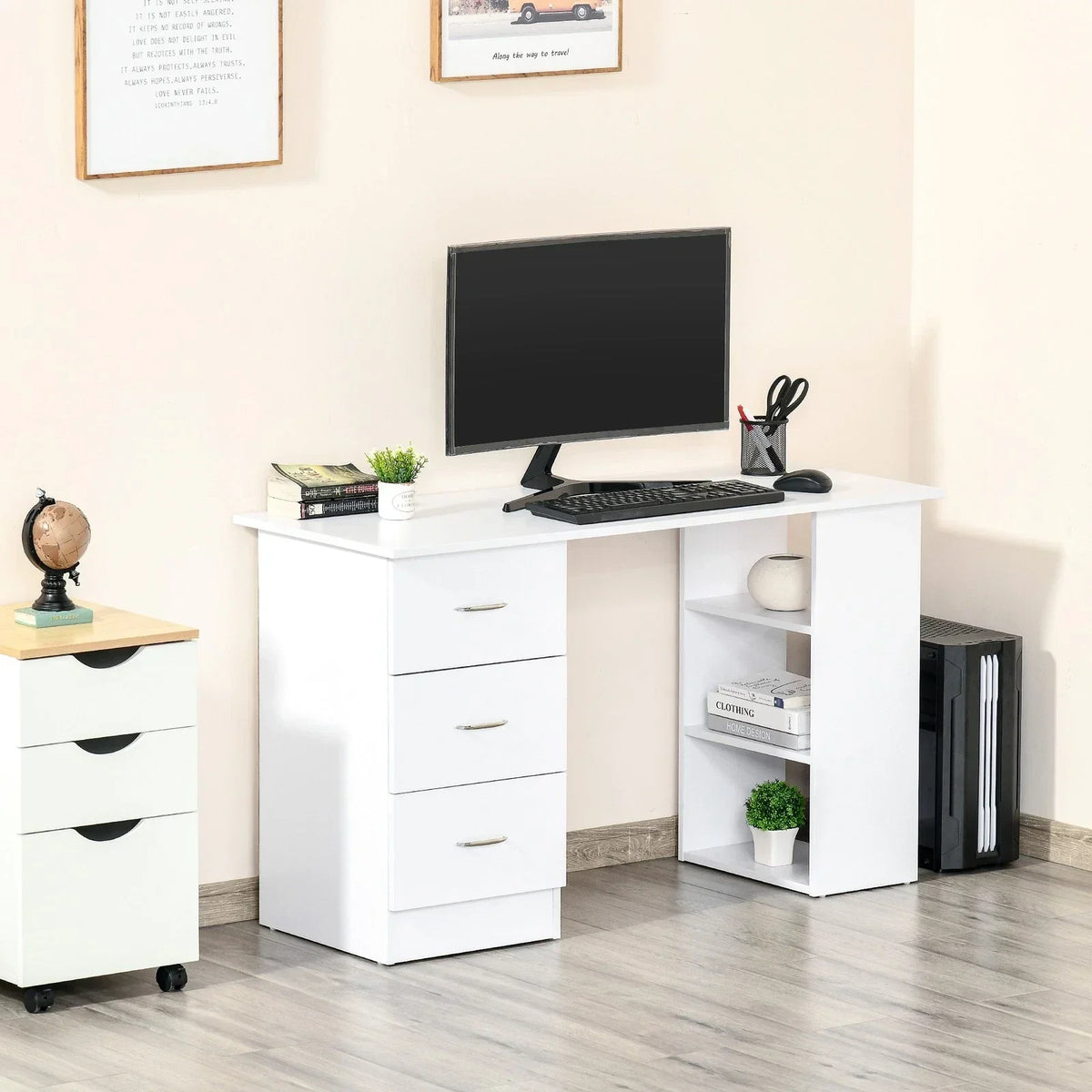 120cm Computer Desk PC Table Workstation w/ 3 Shelf & Drawers White