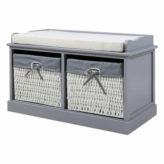 Large Shoe Storage Bench with Seat Cushion And 2 Rattan Basket Organiser Hallway