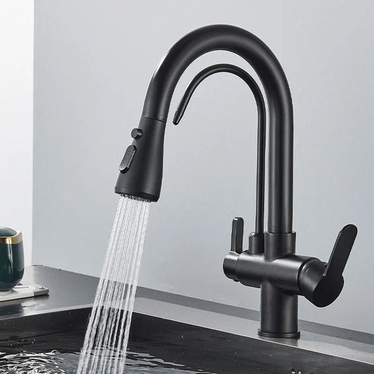 Modern Mono Kitchen Sink Mixer Taps 360° Pull Out Spray Spout Twin Lever 3 Way
