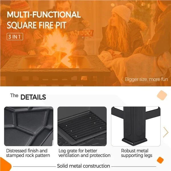 Large Fire Pit BBQ Outdoor Iron Grill Square Garden Table Patio Log Burner Stove
