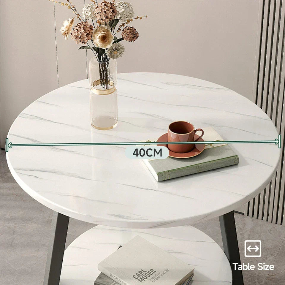 Round 2 Tier Coffee Table Side Table White Marble Effect End Table Living Room