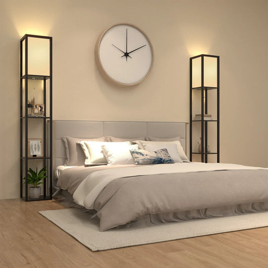 Floor Lamp Free Standing Wood 3-Tier Storage Shelf Reading Bedroom Living Room