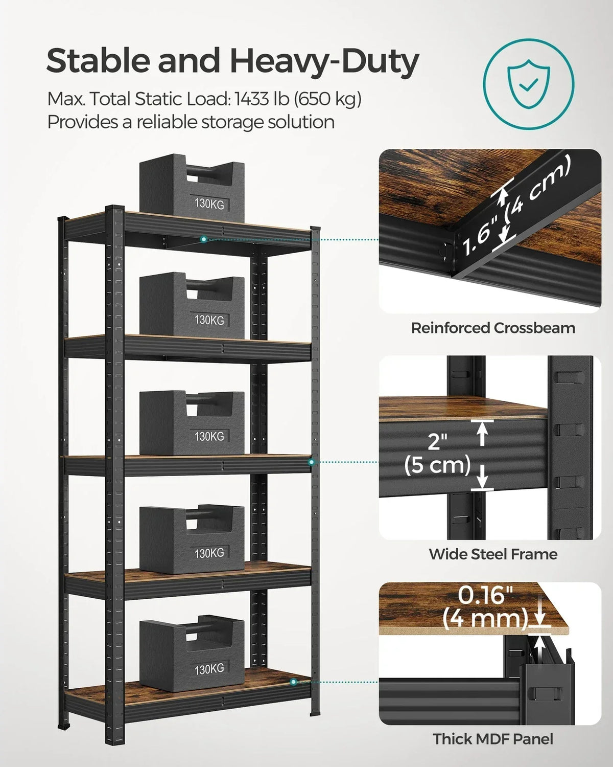 Large Heavy Duty Industrial Shelving Unit 650kg Load Capacity Adjustable Shelves