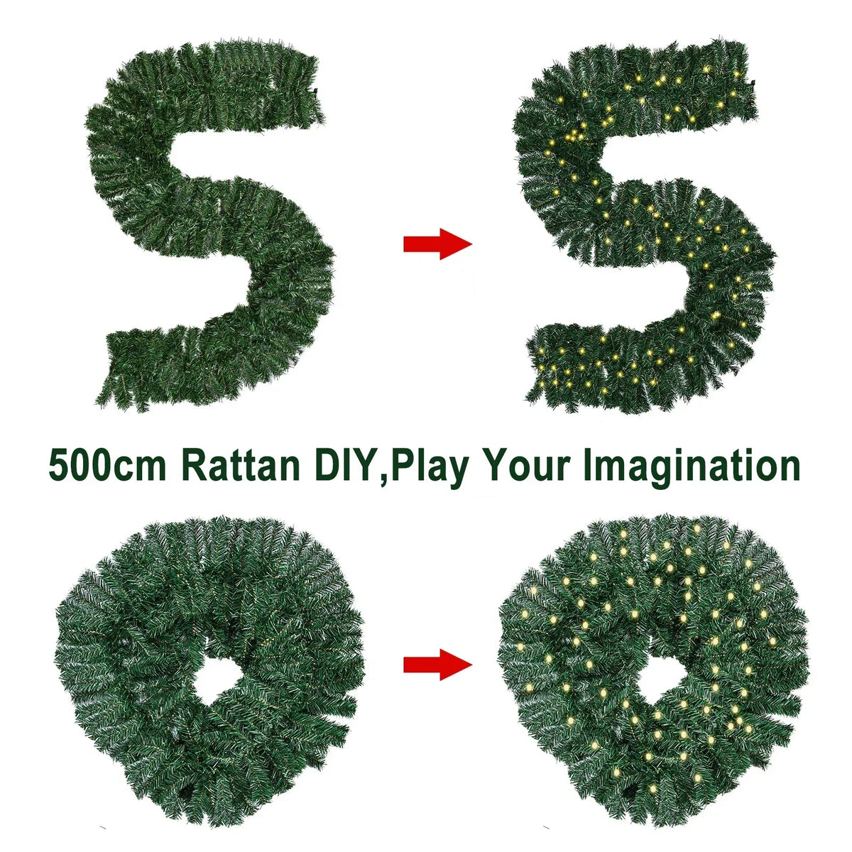 16FT Christmas Garland with LED Lights Pre Lit Stairs Home Fireplace Bushy Pine