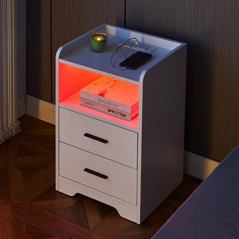 LED Light Bedside Table Nightstand High Gloss 2 Drawers USB Port Power Plug