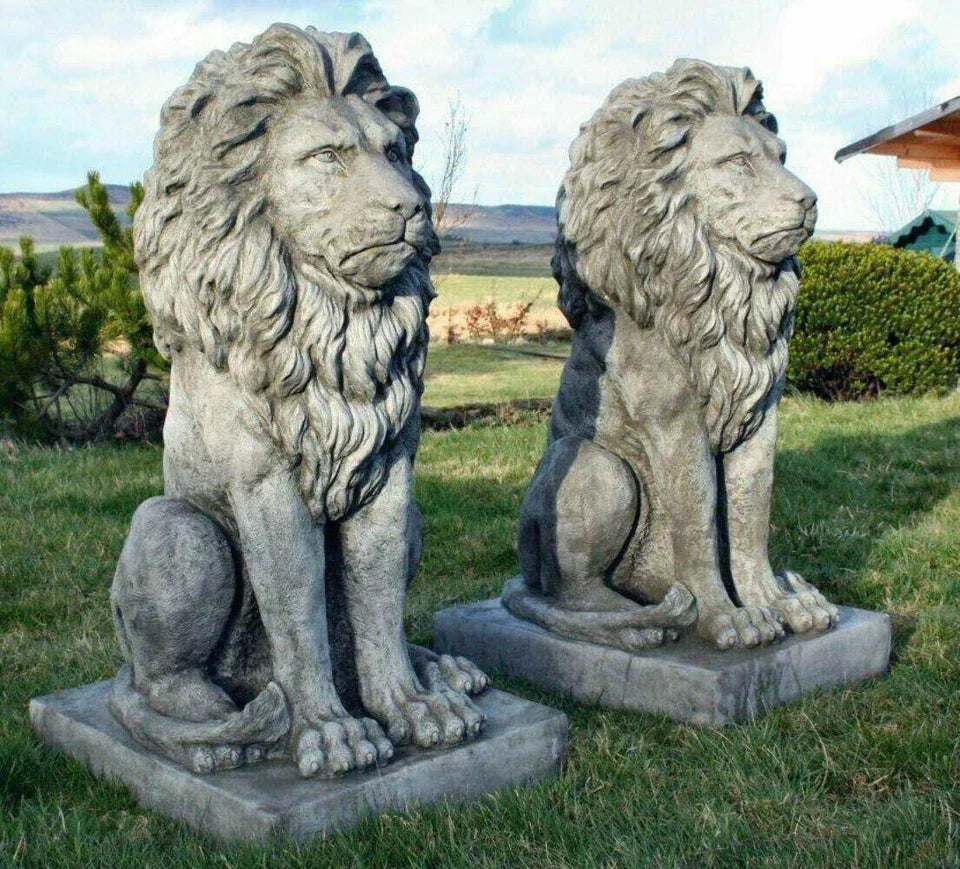 Pair Large Proud Lions Heavy Stone Cast Garden Statues by DGS UK 330KGS