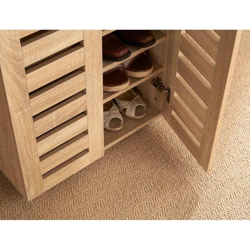 2 Door Shoe Storage Cabinet Rack Stand Cupboard Oak Wooden Slatted Doors Oslo