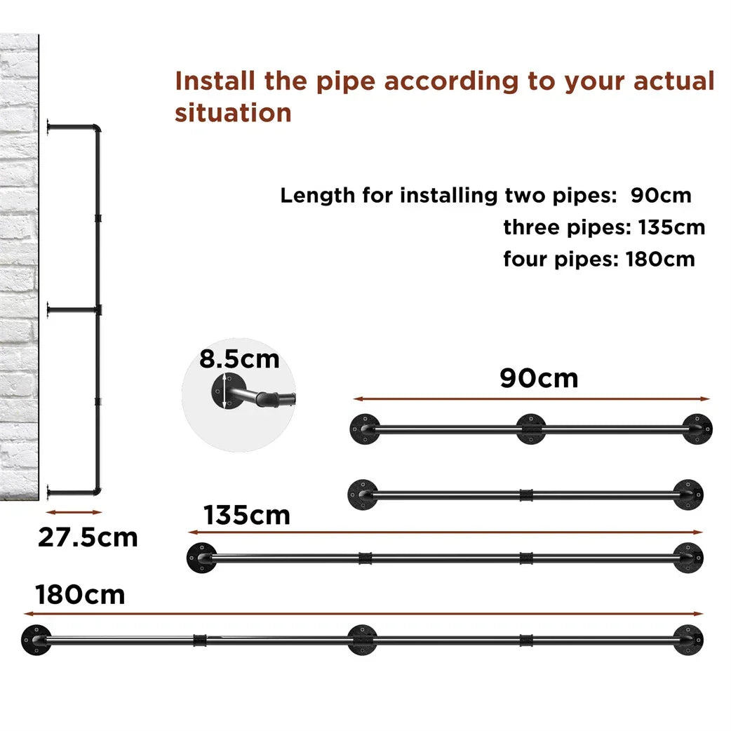 6ft Heavy Duty Clothes Rail Pipe Garment Rack Wall Mounted Hanging Clothing Pole