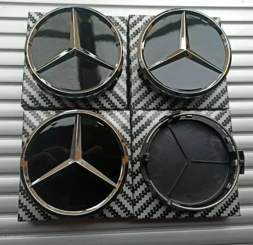 4 x Black Mercedes Benz 75mm Alloy Wheel Centre Caps AMG A B C E S M Class Hub.