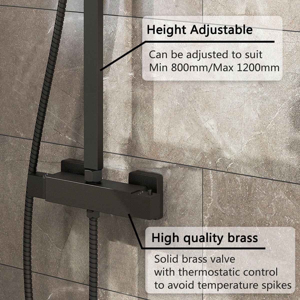 Bathroom Thermostatic Exposed Shower Mixer Twin Shower Head Square Bar Set Black