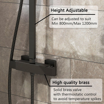 Bathroom Thermostatic Exposed Shower Mixer Twin Shower Head Square Bar Set Black