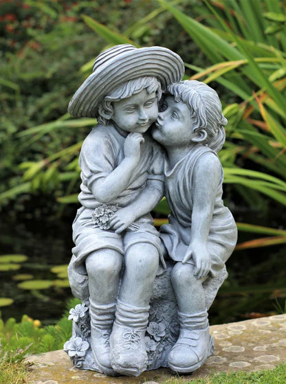 Garden Ornaments Boy & Girl Loving Kissing Cherub Statue Grey