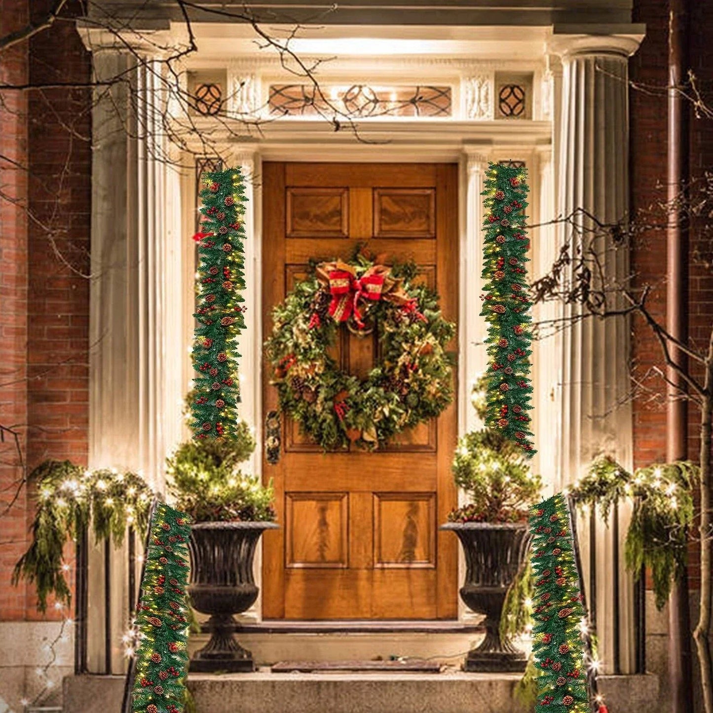 9ft Christmas Garland Snow Flocked With Lights Pinecones Berries Wreath Bushy