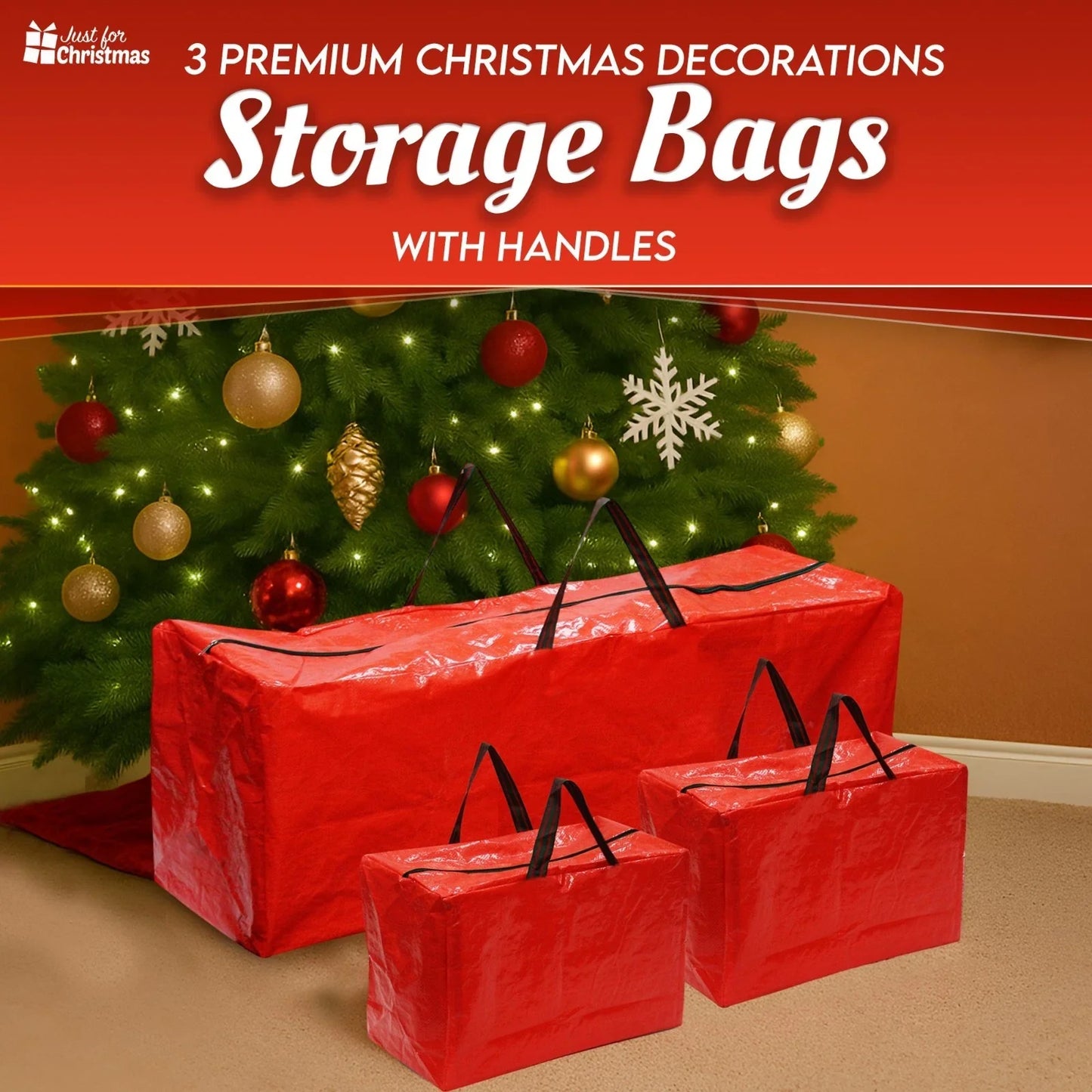Christmas Storage Bags Xmas Tree Decorations Storage Zipper Bags with Handles x3