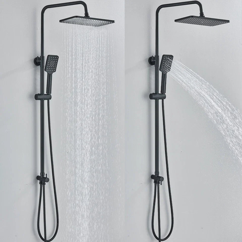 Black Exposed Bathroom Shower Twin Head Large Bar Set Square Valve Rail Hose Tap
