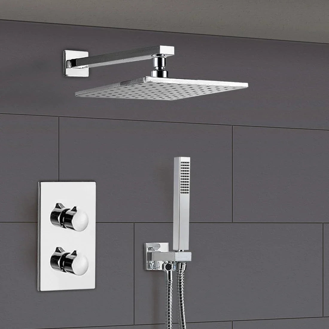 Modern Concealed Square Shower Brass Valve Mixer Twin Head Shower Set Chrome