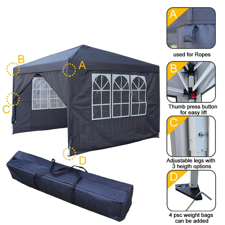 3x3M Heavy Duty Gazebo Marquee Popup Water- proof Garden Party Tent 4 WallSides