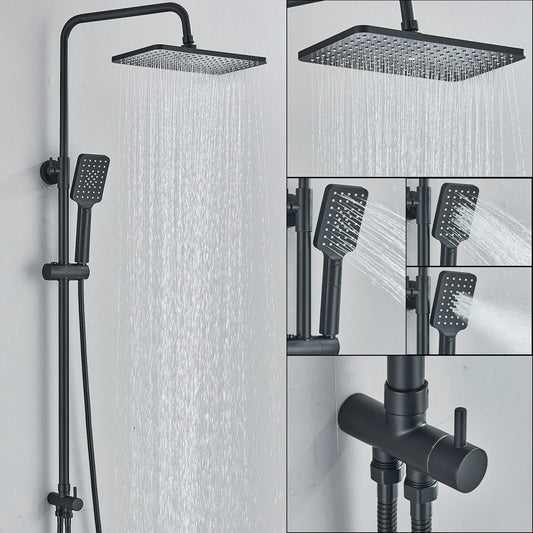 Black Exposed Bathroom Shower Twin Head Large Bar Set Square Valve Rail Hose Tap