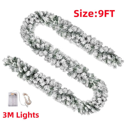 9Ft Christmas LED Pre Lit Garland Snow Flocked Artificial Wreath Xmas Decora