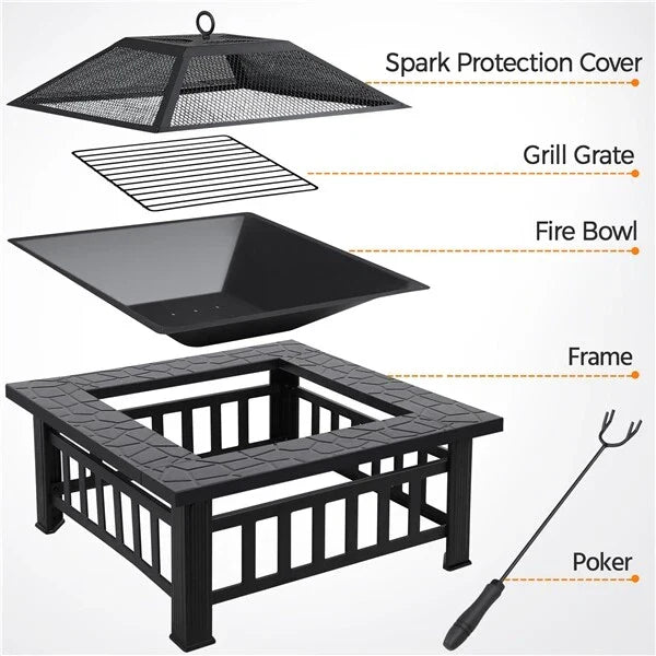 Large Fire Pit BBQ Outdoor Iron Grill Square Garden Table Patio Log Burner Stove