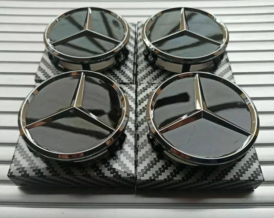4 x Black Mercedes Benz 75mm Alloy Wheel Centre Caps AMG A B C E S M Class Hub.