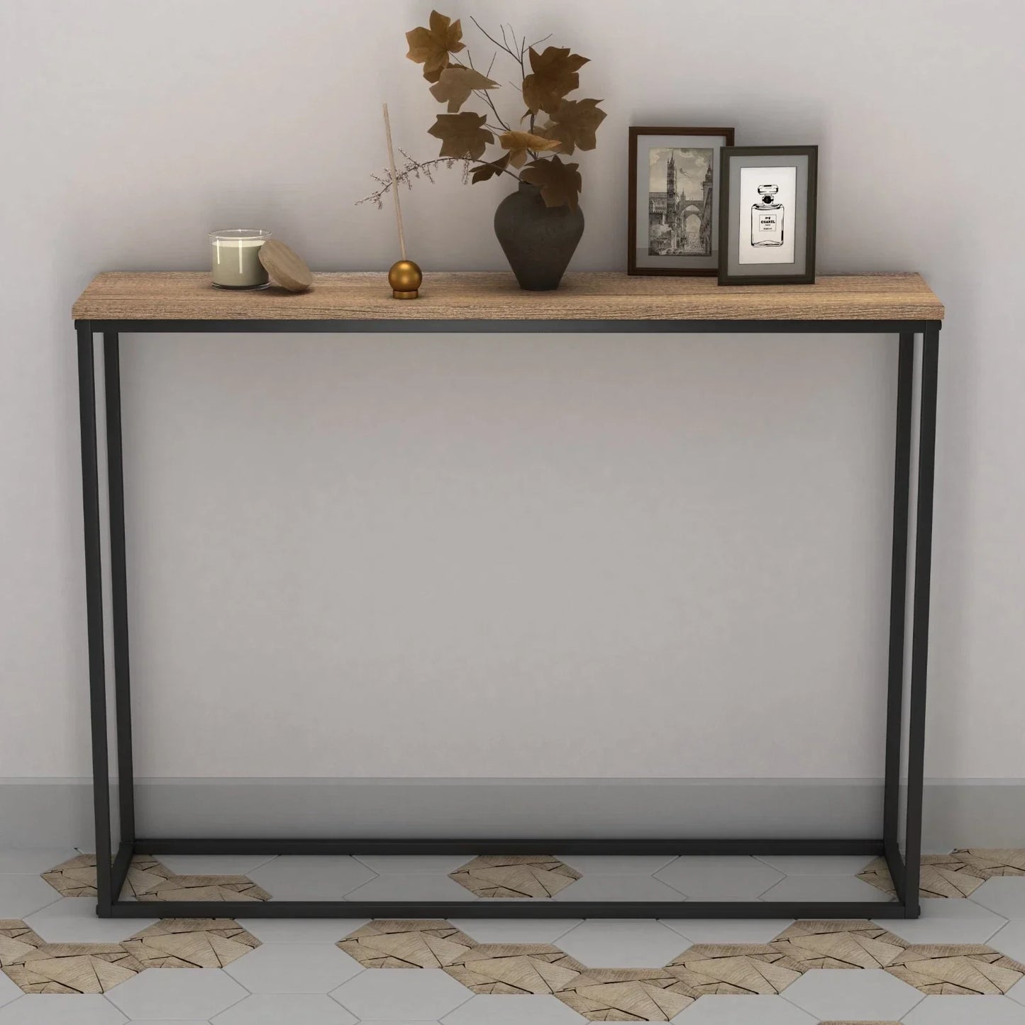 Wooden Free Standing Hallway Console Table Living Room Shelf Display Metal Legs
