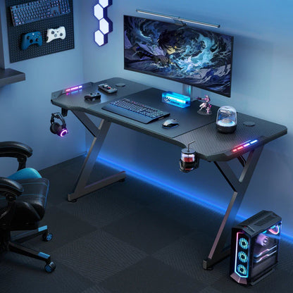 Gaming Desk LED RGB Computer Table Workstation w/ Cup Holder & Headphone Hook