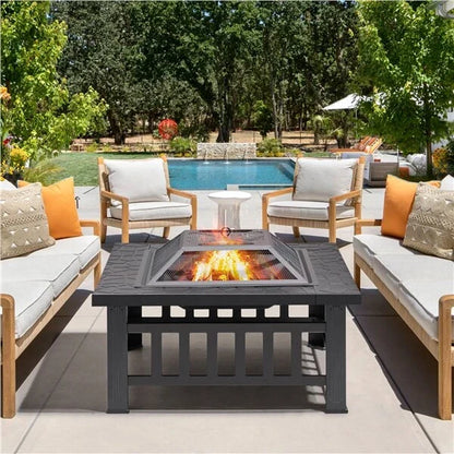 Large Fire Pit BBQ Outdoor Iron Grill Square Garden Table Patio Log Burner Stove