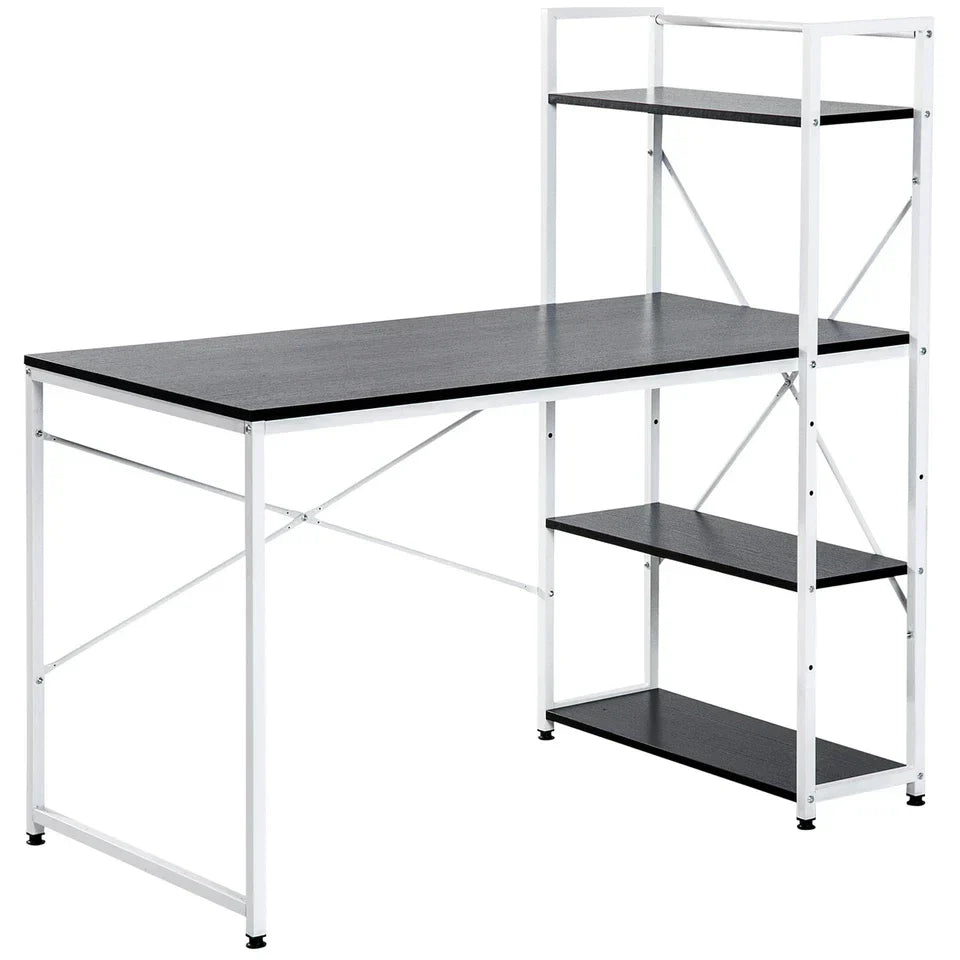 Computer Desk Laptop Table w/4-tier Bookshelf Metal Frame Black, White