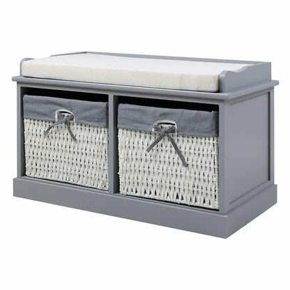 Large Shoe Storage Bench with Seat Cushion And 2 Rattan Basket Organiser Hallway