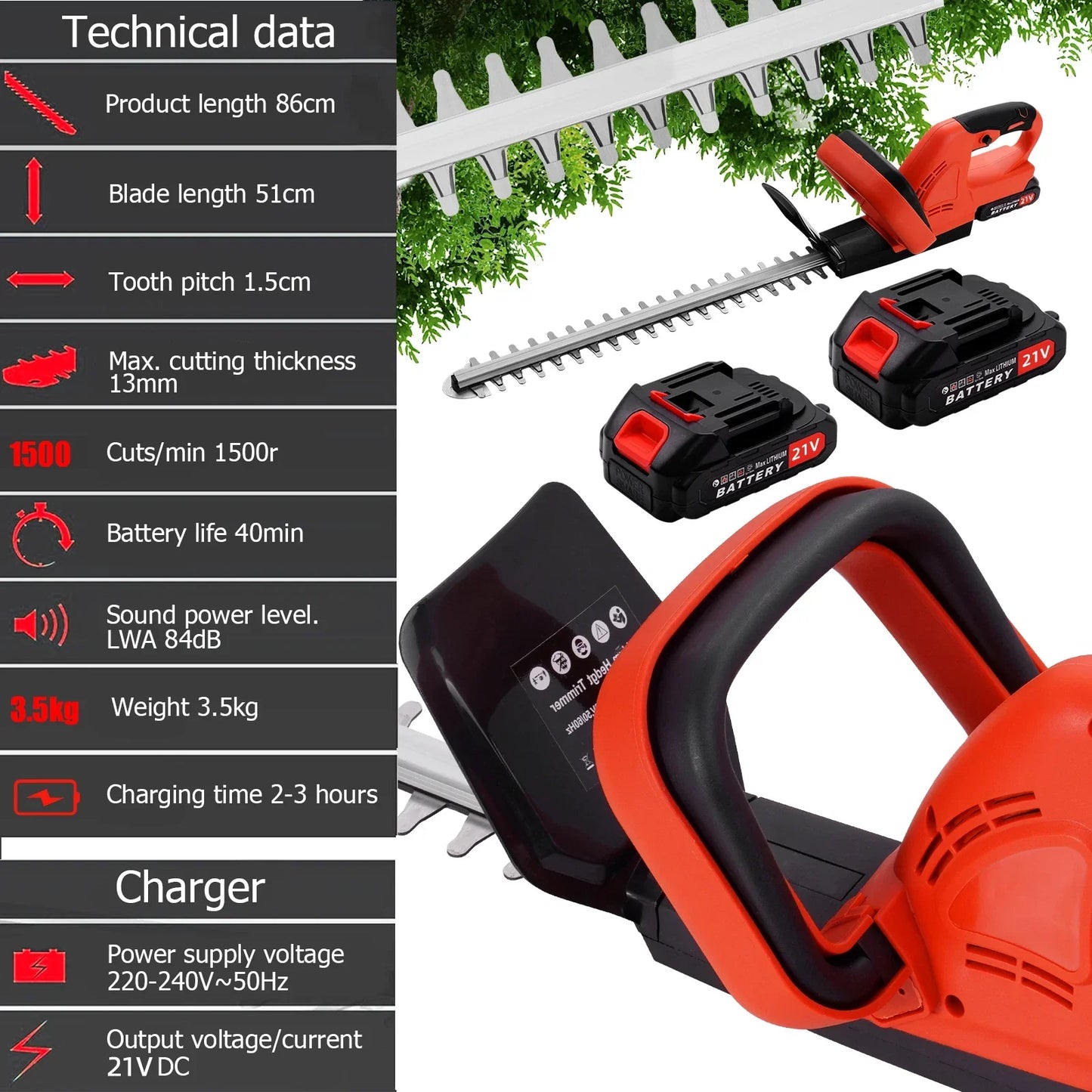 Brushless Cordless Hedge Trimmer Tree Branch Cutter Tool with 2Battery & Charger