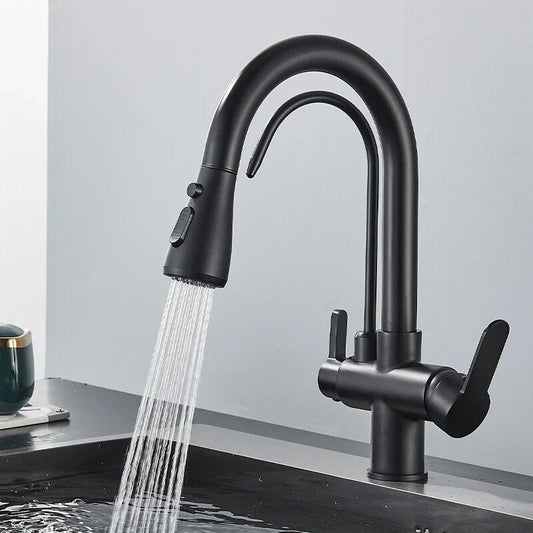 Modern Mono Kitchen Sink Mixer Taps 360° Pull Out Spray Spout Twin Lever 3 Way