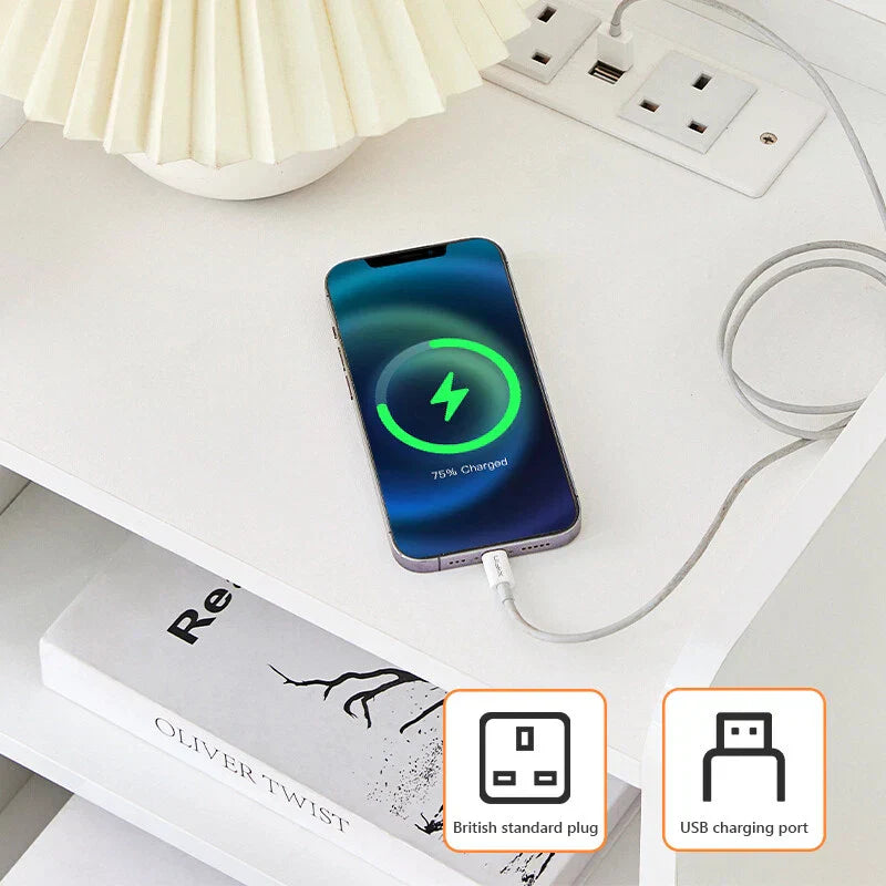 LED Light Bedside Table Nightstand High Gloss 2 Drawers USB Port Power Plug