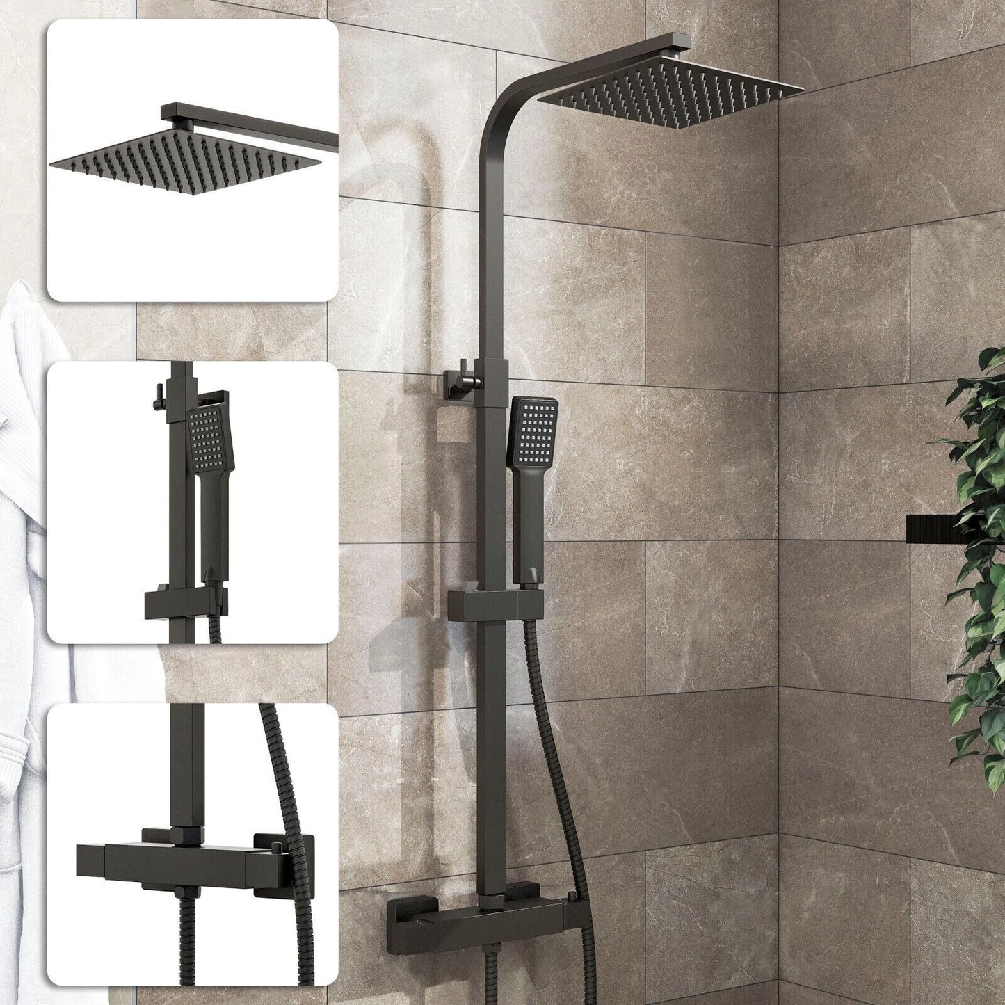Bathroom Thermostatic Exposed Shower Mixer Twin Shower Head Square Bar Set Black