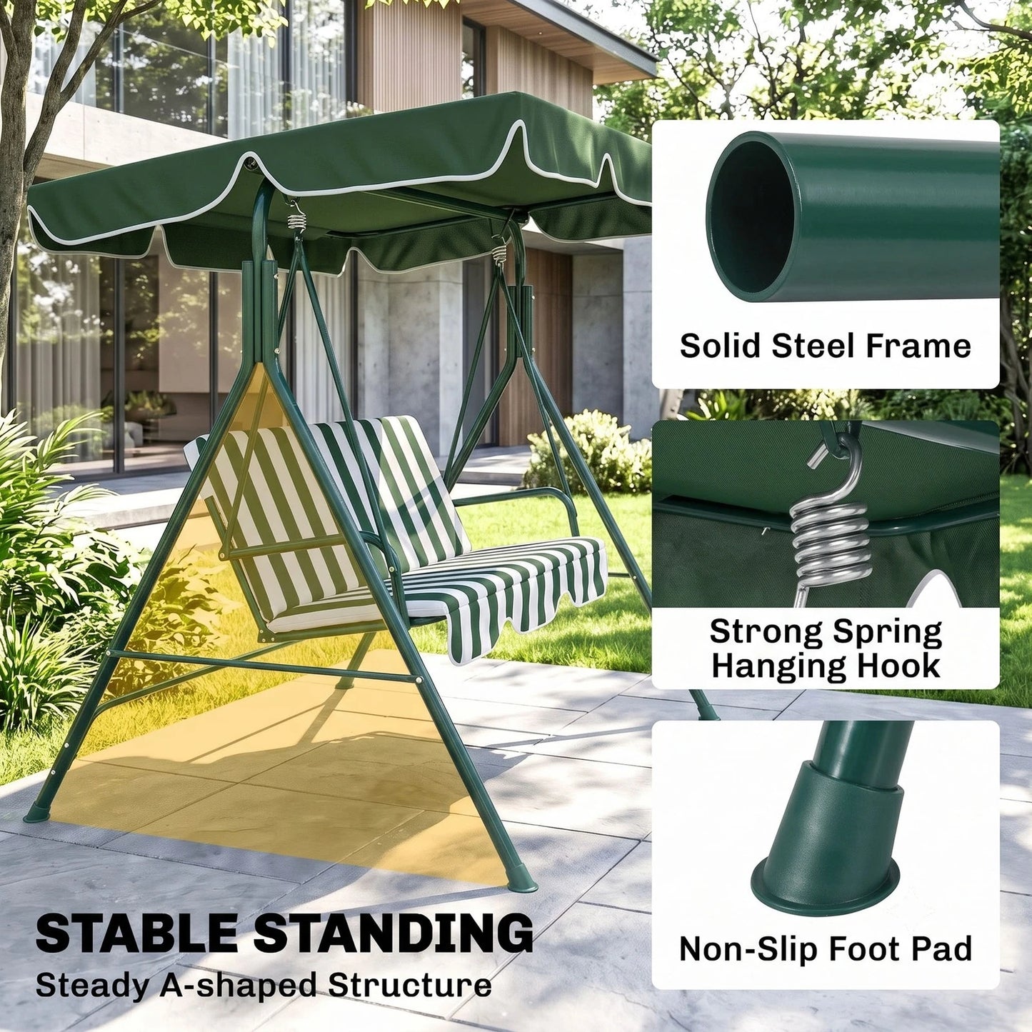 3-Seat Swing Chair Garden Swing Seat with Adjustable Canopy for Patio Green