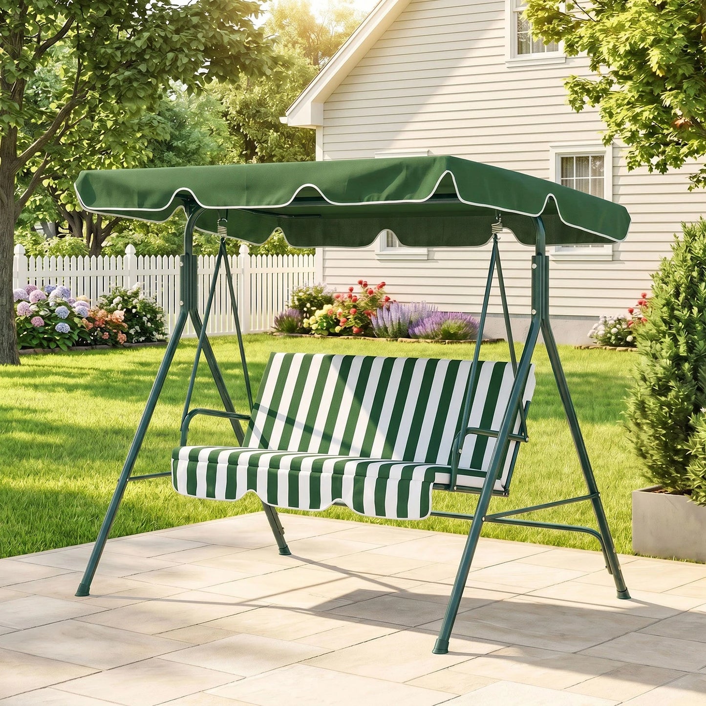 3-Seat Swing Chair Garden Swing Seat with Adjustable Canopy for Patio Green