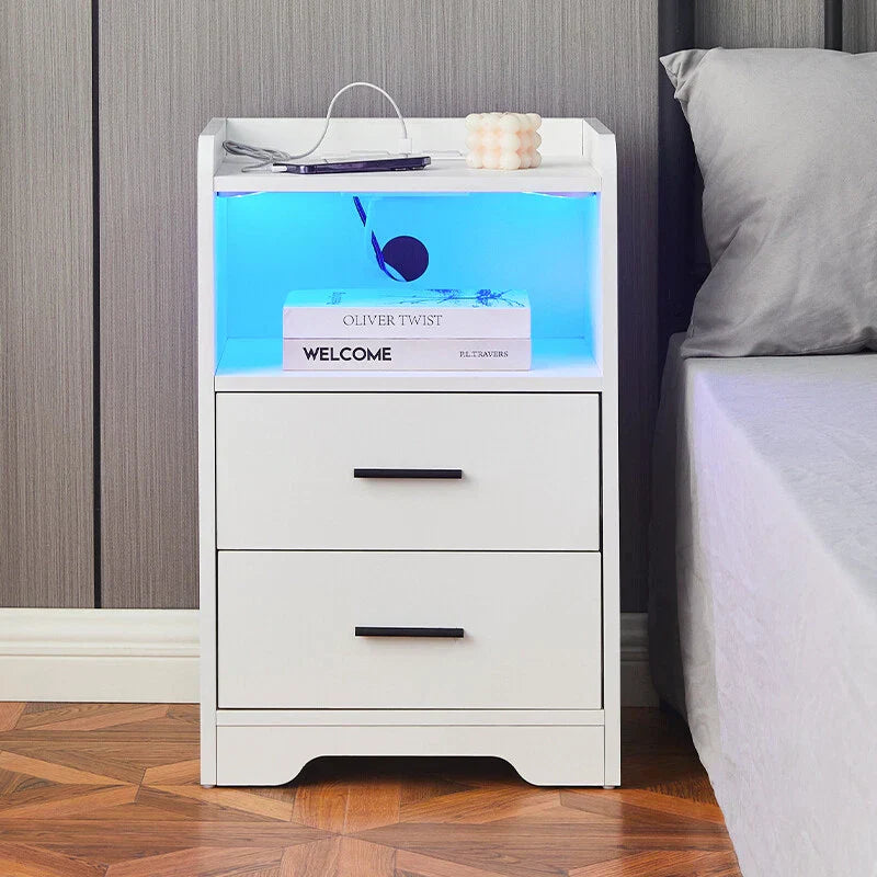 LED Light Bedside Table Nightstand High Gloss 2 Drawers USB Port Power Plug