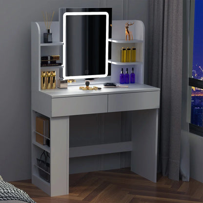 Dressing Table Makeup Desk Vanity Desk With 2 Drawers & LED Mirror & 4 Shelves