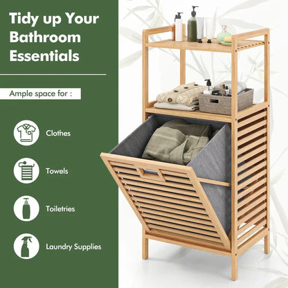 Bamboo Bathroom Shelf Tilt out Laundry Hamper Storage Organiser w/Laundry Basket