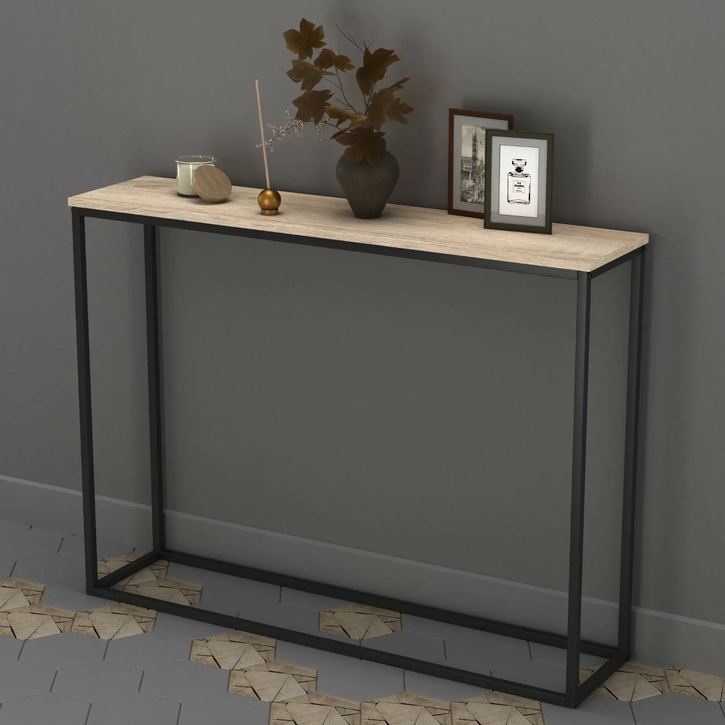 Wooden Free Standing Hallway Console Table Living Room Shelf Display Metal Legs