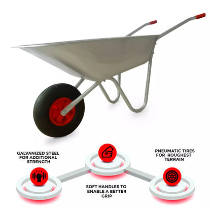 65L Wheelbarrow Heavy Duty Galvanised Home Garden Metal Cart with Pneumatic Tyre