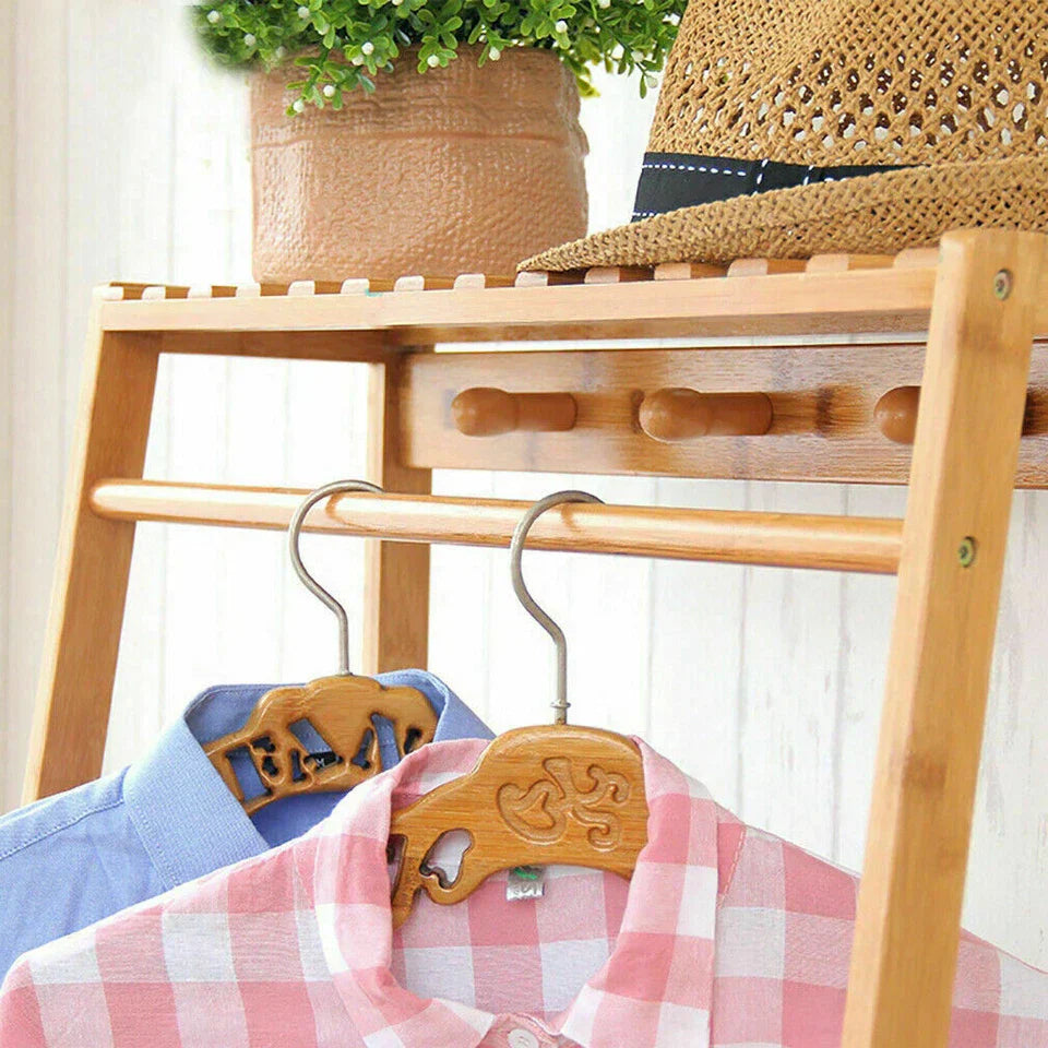 Bamboo Clothes Rail Rack Garment Stand with Top Shelf Shoe Storage Ladder Rails