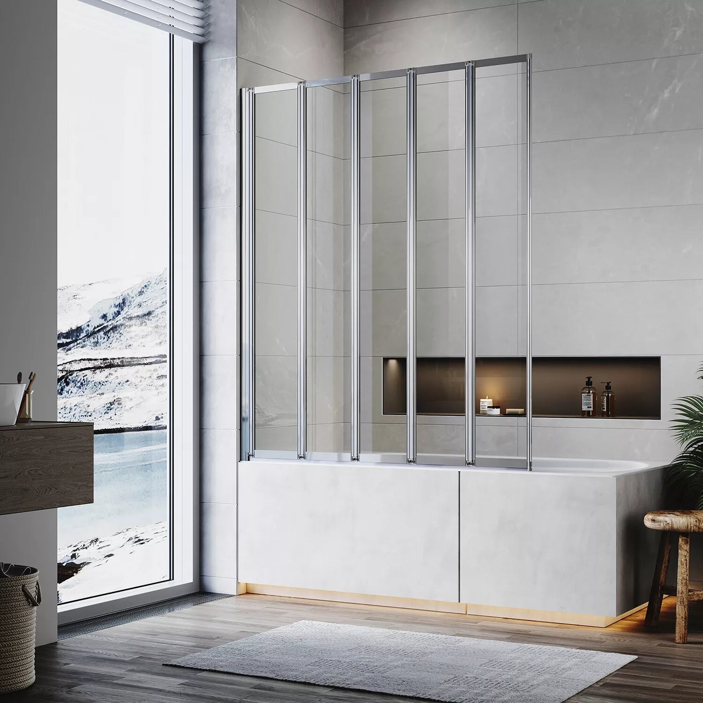 5 Folding Bath Shower Screen Black / Chrome Frame Wet Room Glass Panel 1200 x 1400mm