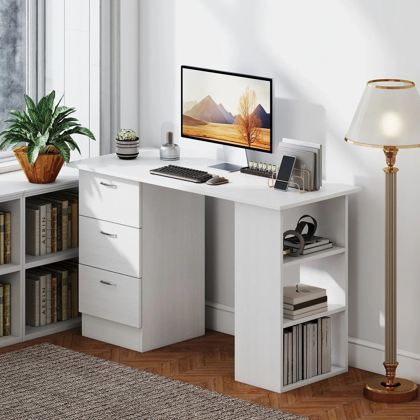 120cm Computer Desk PC Table Workstation w/ 3 Shelf & Drawers White