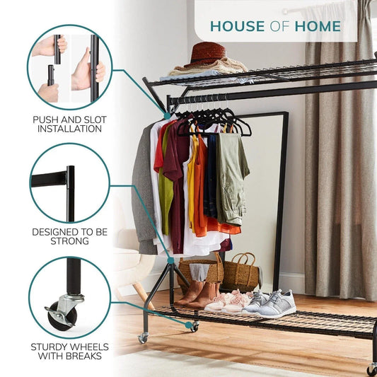 Clothing Rail Heavy Duty 6ft 5ft 4ft Hanging Clothes Shoe Hat Rack Shelf Wheels