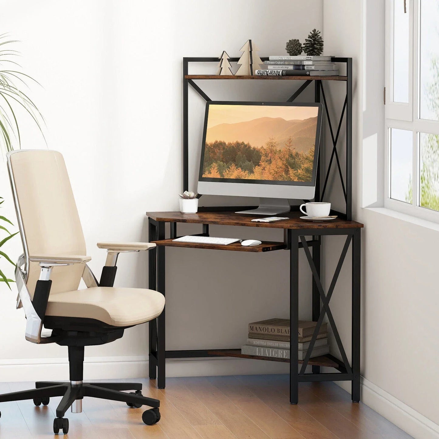 Corner Desk Space-Saving Computer Desk Home Office Study Writing Desk w/Shelves