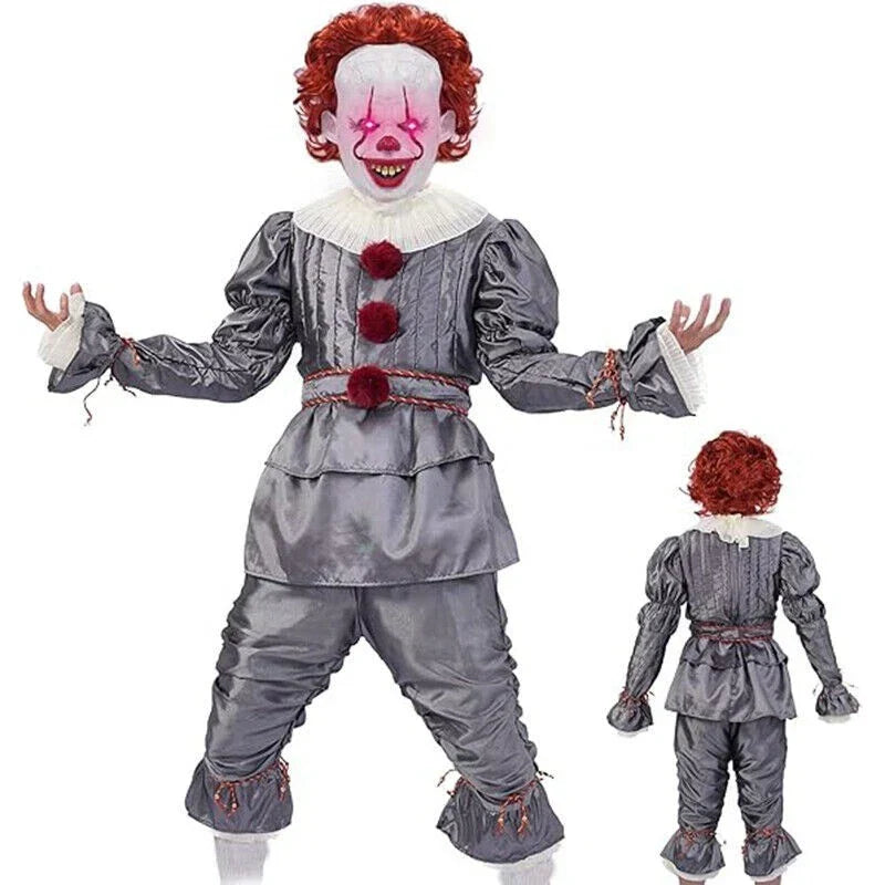 Adult Pennywise Clown Costume Halloween Cosplay Suit Outfit Fancy Dress Mask Men