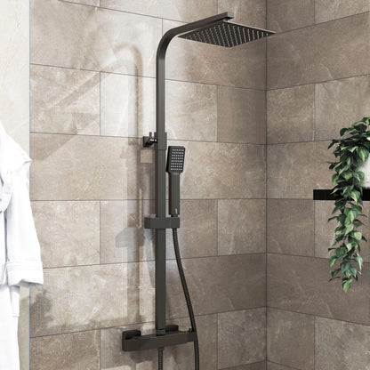 Bathroom Thermostatic Exposed Shower Mixer Twin Shower Head Square Bar Set Black